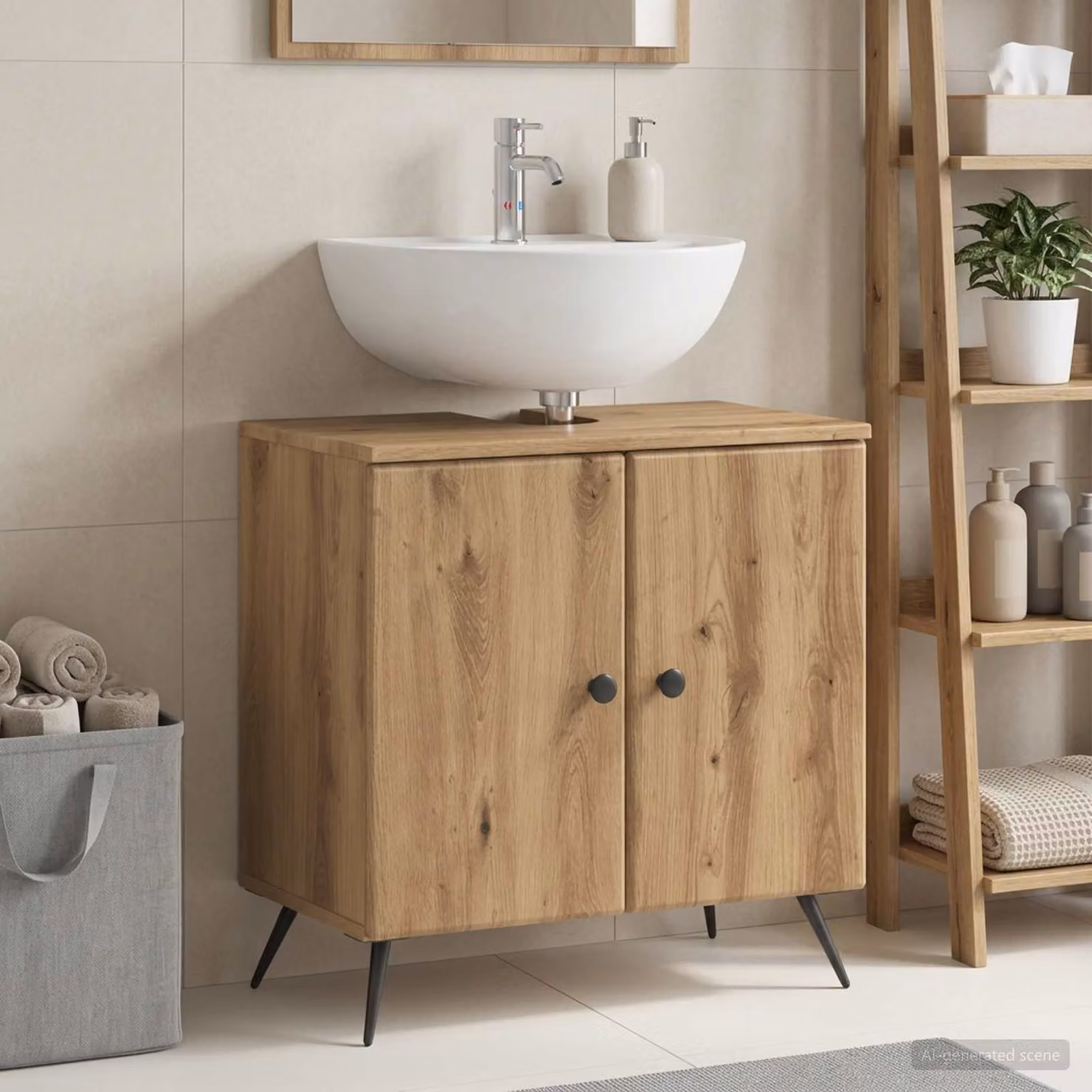 Armadio per lavabo da bagno vidaXL BREDA Rovere moderno con ante a battente, Marrone e Nero, L: 59,5 cm, P: 31,5 cm, H: 59 cm