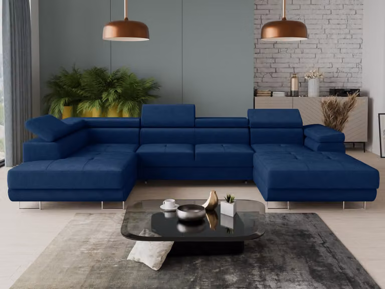 Combo salotto Caris U con funzione letto e poggiatesta regolabili, divano ad angolo con due contenitori, divanetto, divano, divano letto (blu (Kronos 09), divano ad angolo a destra)