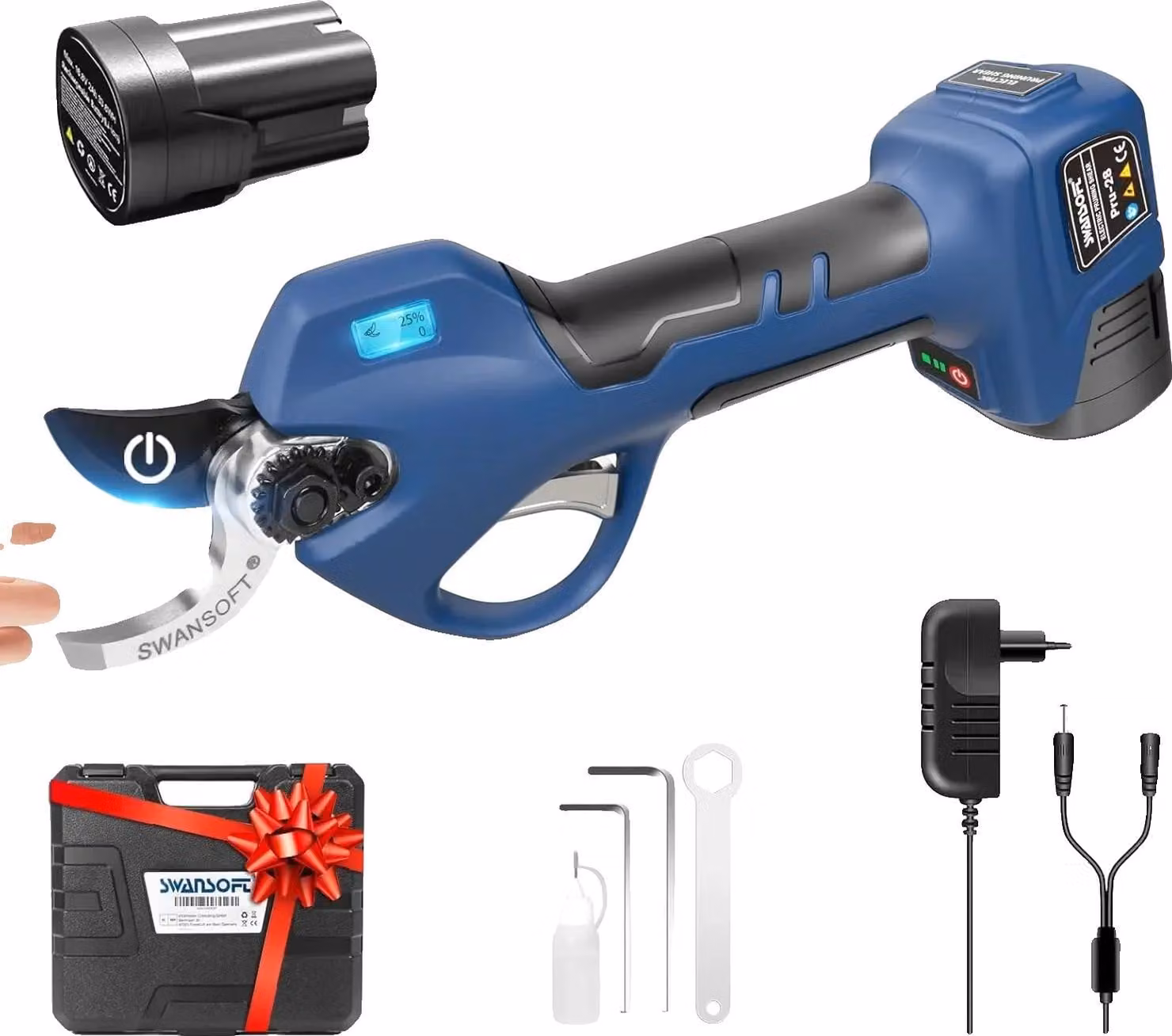 Potatore elettrico, Taglio efficiente fino a 28 mm, Lunga durata della batteria, Blu, due batterie