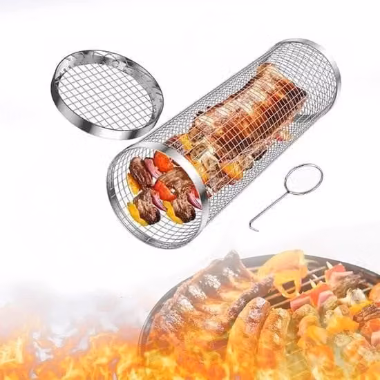 Set di griglia rotante - Griglia per verdure e carne in acciaio inossidabile - Modello a forma rotonda con forchetta - Griglia per barbecue