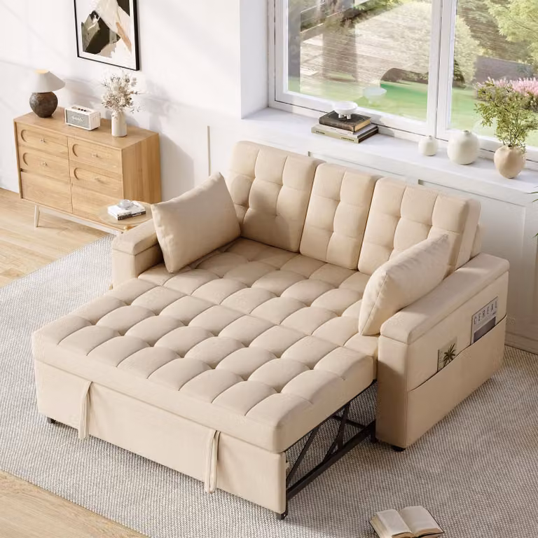 okwish Divano letto pieghevole regolabile Divano lounge a due posti con schienale a tre angoli, divano letto con due cuscini e vani portaoggetti, beige