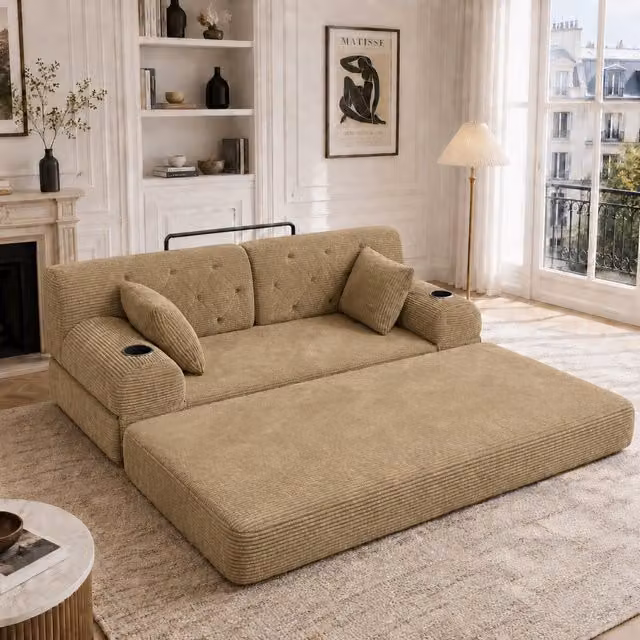 Divano letto 2 posti con schienale alto, tasche laterali e portabicchieri in velluto a coste khaki 168 × 80 × 81 cm