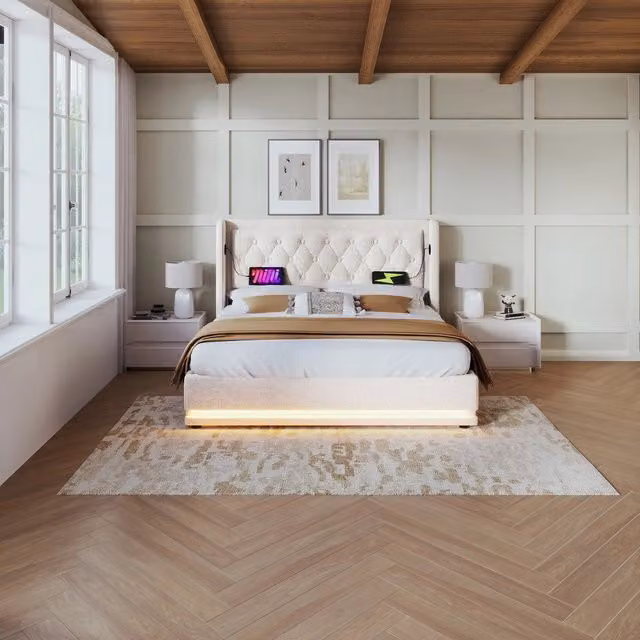 Letto imbottito matrimoniale contenitore ¨C Minimal ¨C beige velluto 140x200cm led testiera con materasso