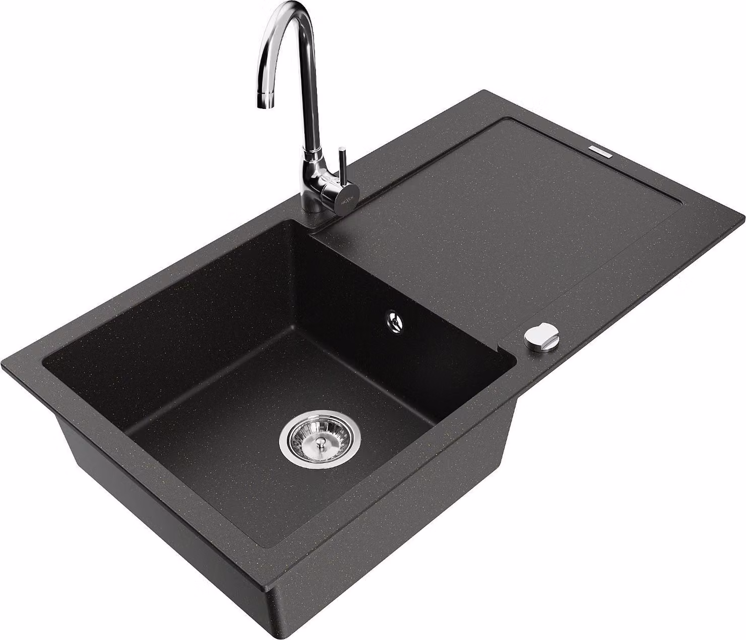 Mexen Leo lavello in granito a 1 vasca con sgocciolatoio e rubinetto da cucina Telma, nero/oro metallizzato - 6501-75-670200-00