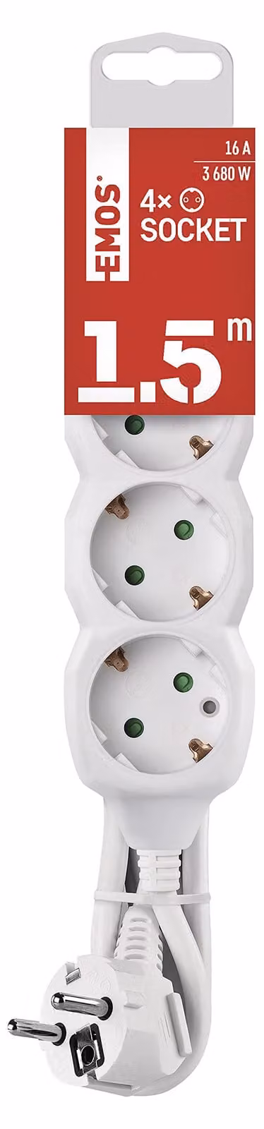 Presa EMOS, a 4 vie, 150 cm di cavo 1,5 mm2, prese ruotate di 45°, Schuko a 4 vie con protezione tattile avanzata, per uso interno, P0421R
