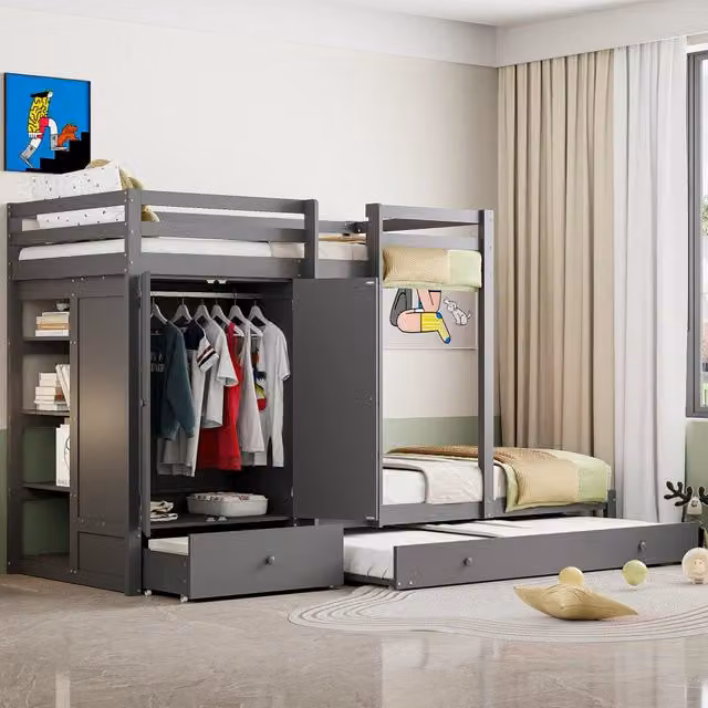 Letto a castello in legno massello grigio 90x200 cm con letto estraibile, armadio, cassetti e mensola