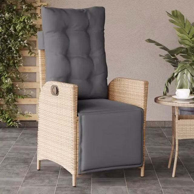 Sedia Reclinabile da Giardino con Poggiapiedi vidaXL in Polyrattan Beige e Grigio con Poggiatesta Regolabile e Braccioli