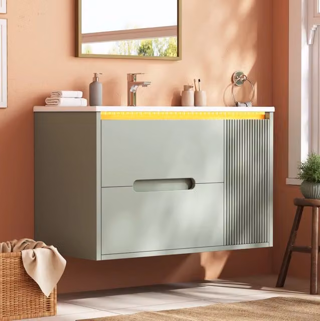 Mobile bagno sospeso 81 cm con lavabo in ceramica; LED con app; 2 cassetti; MDF verde