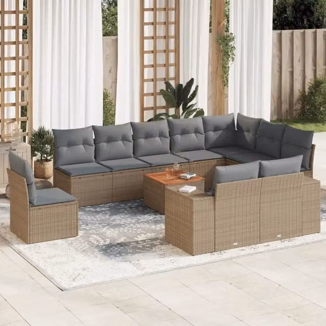Set Divani da Giardino 11 pz con Cuscini Beige in Polyrattan 3225499