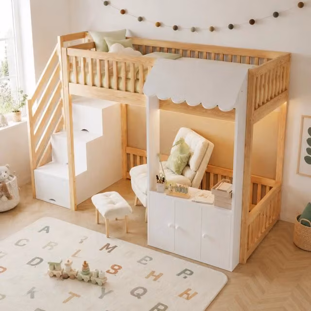 Letto a soppalco 90x200 cm con scala contenitore e luci multicolore; colore naturale
