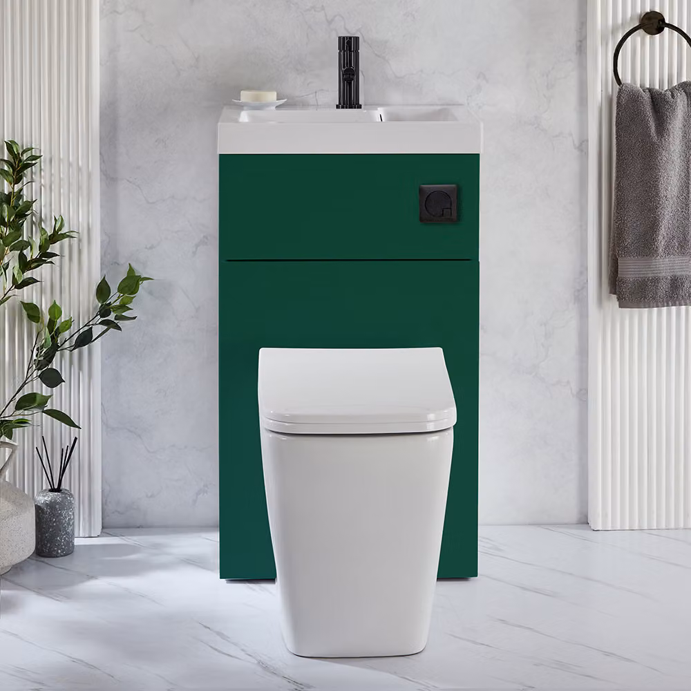 Set Sanitario Sanford Moderno con Lavabo Integrato - Verde Scuro - 500mm x 890mm - Pulsante di Scarico Nero