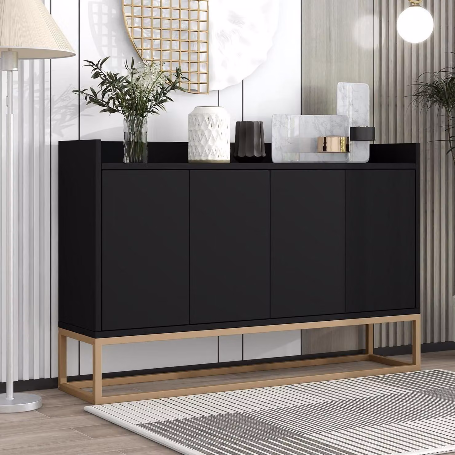 Mobile contenitore a buffet con 4 ante, dimensioni 120x30x80 cm, colore nero, gambe in metallo