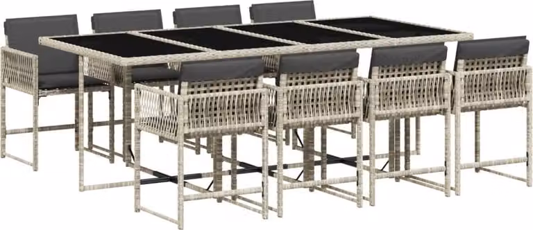 Set Pranzo da Giardino 9pz con Cuscini Grigio Chiaro Polyrattan