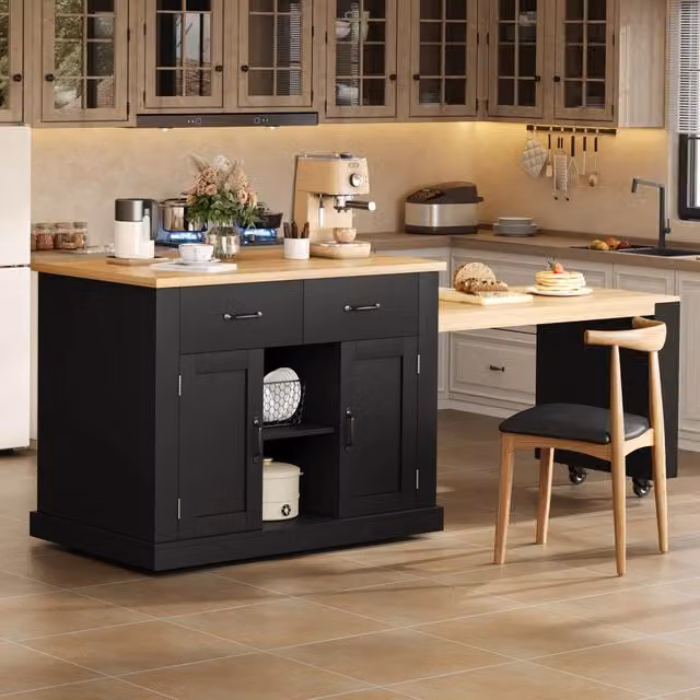 Isola Cucina Xylo con Tavolo Allungabile e Ripiani, Colore Nero, L/P/H: 132 x 60 x 93 cm