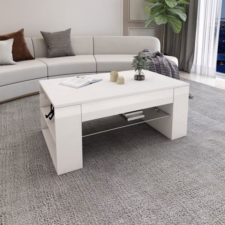 Tavolino ML-Design in bianco lucido, spazioso tavolo da soggiorno/lounge in truciolato con ripiano in vetro e 4 scomparti sui lati, 100x42x60 cm