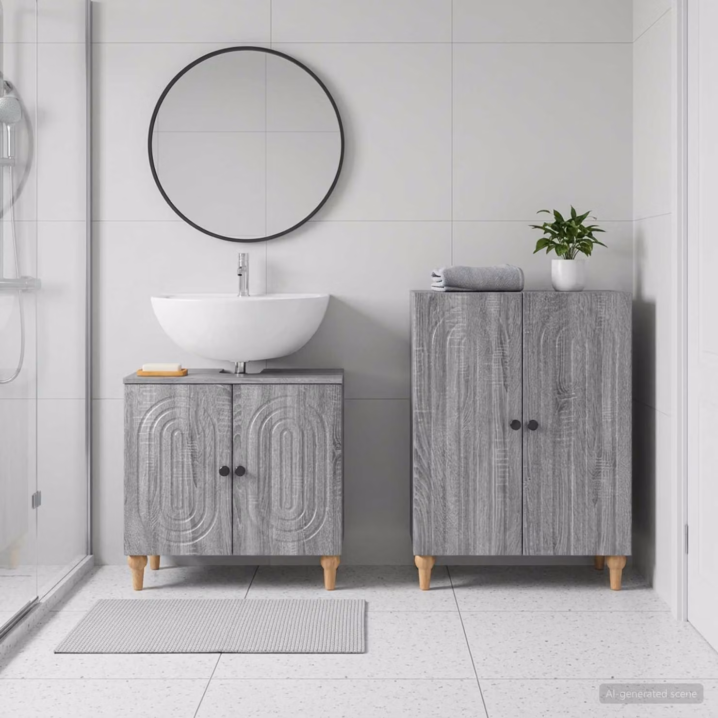Set di mobili da bagno vidaXL ALKMAAR composto da 2 pezzi, mobile lavabo e mobile contenitore, colore grigio Sonoma, design moderno con ante a cerniera e ripiani interni, struttura autoportante in MDF