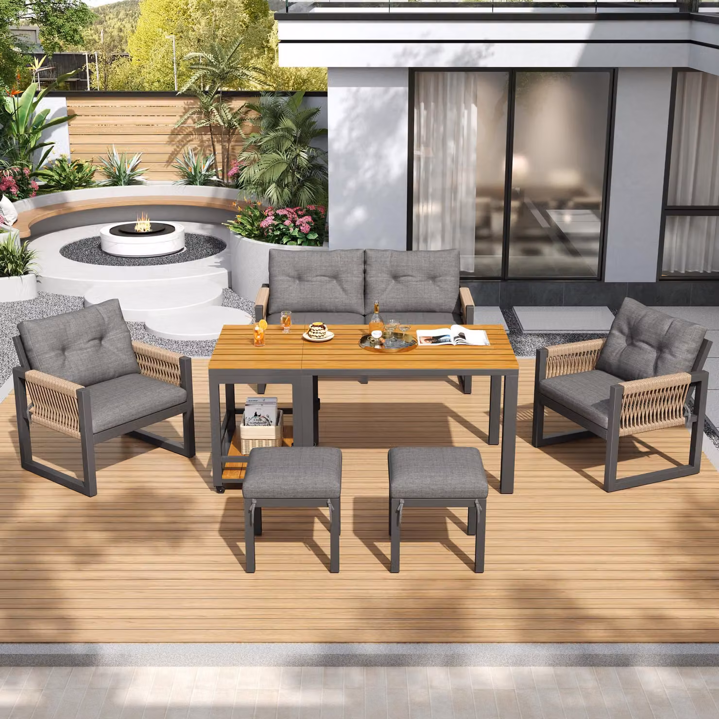 Set di mobili da giardino Fliek, 6 pezzi, set di mobili da giardino con tavolino rimovibile, divano da giardino con sedia e poggiapiedi, set di mobili da balcone per 6 persone, corda, grigio