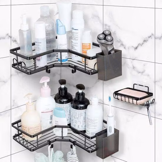 Organizer da bagno in acciaio inossidabile con 2 porta-tubetti di dentifricio, autoadesivo, per bagno e cucina, angolare nero.