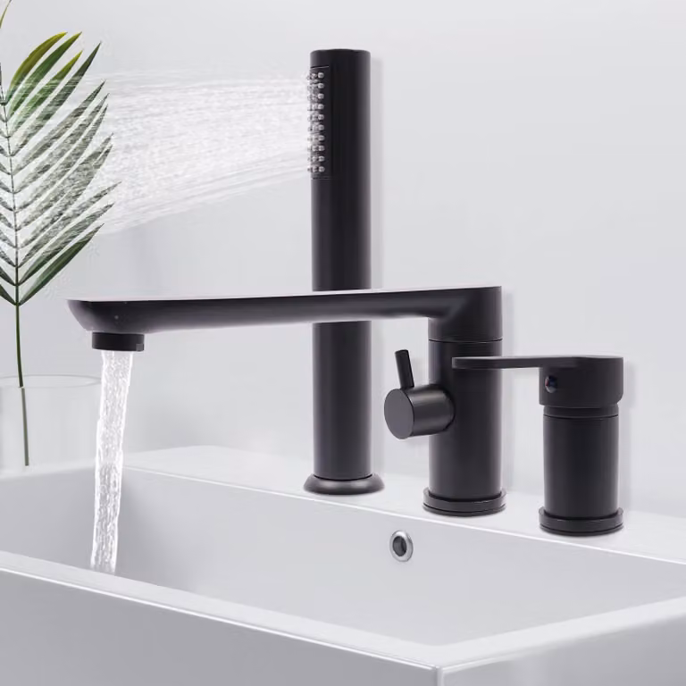 Rubinetteria per vasca con doccetta - Miscelatore da vasca freestanding - Rame resistente - Bocca girevole a 360° - Tubo flessibile - Nero