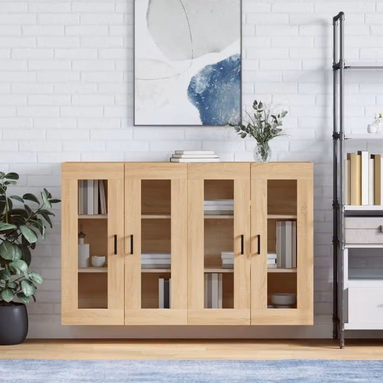 Set di 2 armadietti a parete vidaXL in legno e vetro con ante in vetro, colore marrone rovere, design moderno