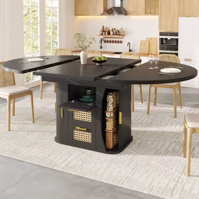 Tavolo allungabile da pranzo con cassetti effetto rattan in MDF nero piano estensibile da 118 a 158 cm