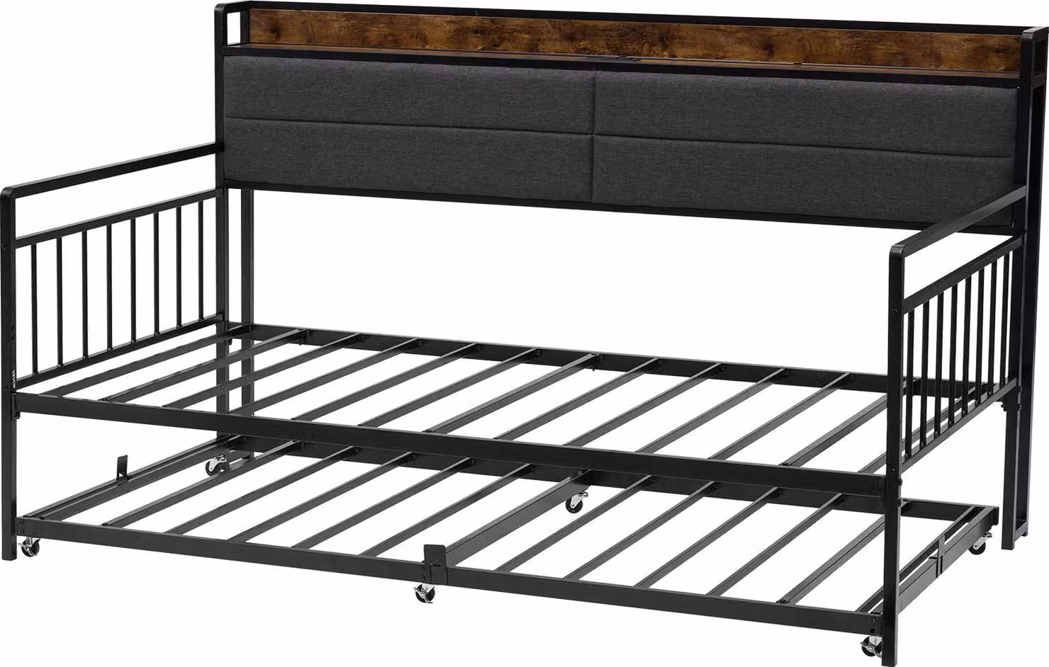 SucceBuy Struttura per letto a due piazze, divano letto con letto estraibile, struttura a piattaforma con stazione di ricarica integrata e supporto a doghe in metallo per soggiorno, camera da letto o stanza degli ospiti, nero