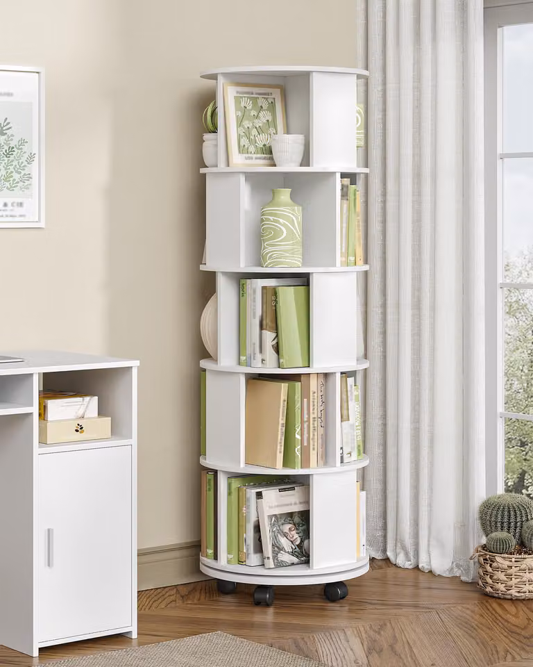 Libreria girevole bianca - Scaffale portaoggetti a 5 ripiani - 45x45x90 cm - Pannello di truciolato - Arredamento moderno per il soggiorno