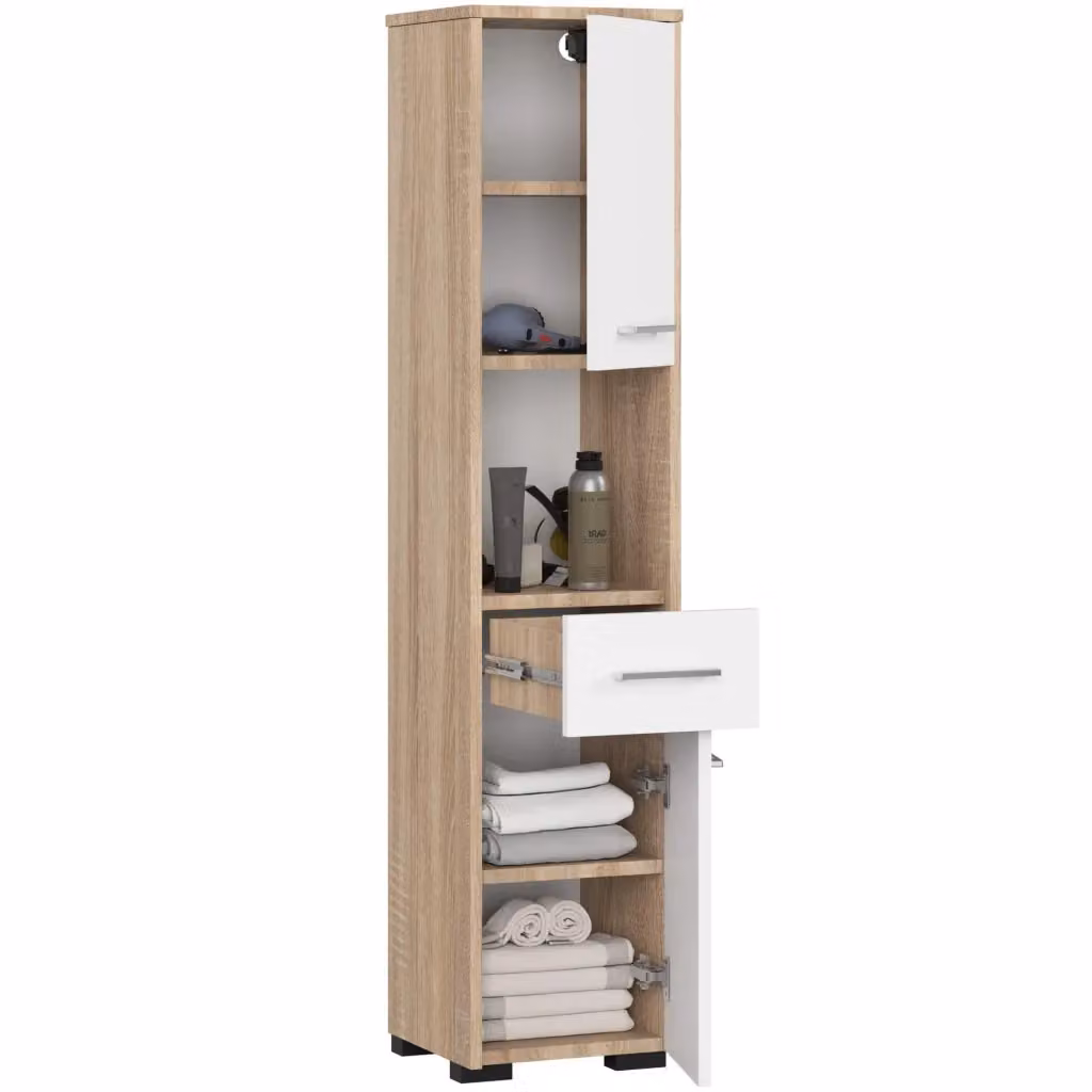 Colonna da bagno AKORD FIN Sonoma Quercia con 2 ante e 1 cassetto, inserto frontale bianco, L/P/H: 30 x 30 x 140 cm – 2