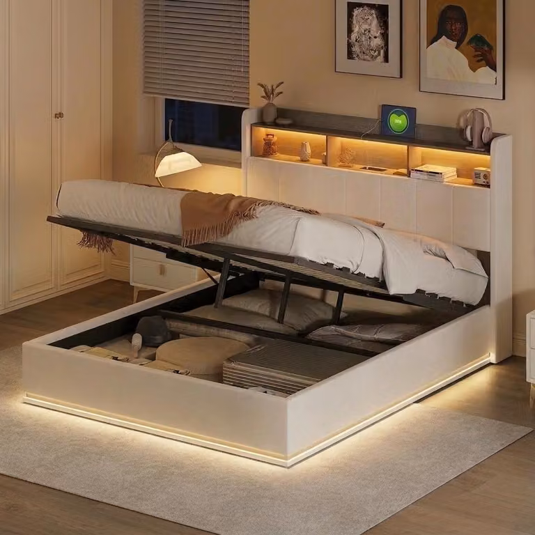 Letto matrimoniale con boxspring INONEFT, 140x200 cm, con illuminazione LED, dotato di rete a molle e spazio contenitore, letto per ragazzi con spazio contenitore e porta USB, letto imbottito in velluto, color beige