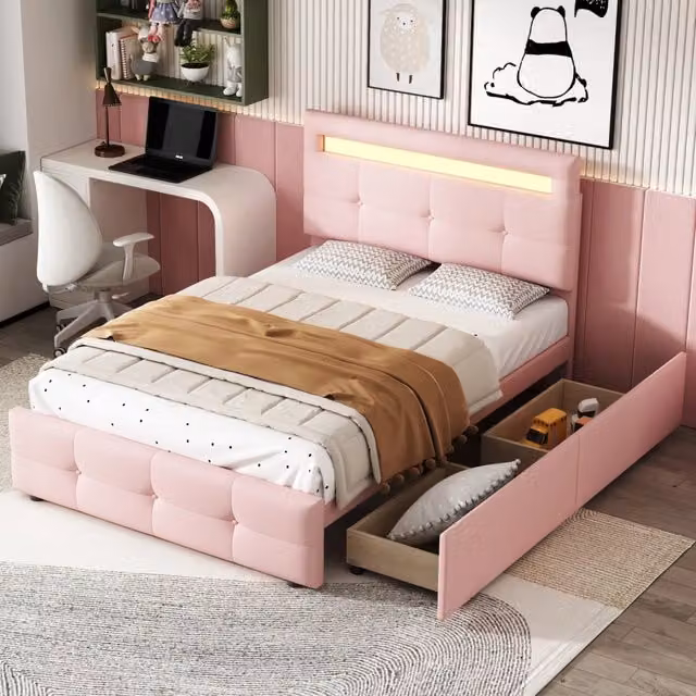 Letto imbottito WISHDOR con illuminazione LED e 2 cassetti, colore rosa, L/P/H: 90 x 200 x 106 cm