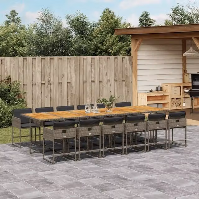 Set da pranzo da giardino vidaXL in polyrattan e legno di acacia con 13 pezzi e cuscini, colore grigio e marrone – 1