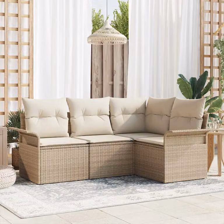 Set Divano da Giardino vidaXL 4 pz in Polyrattan Beige con Cuscini e Tavolino da Esterno
