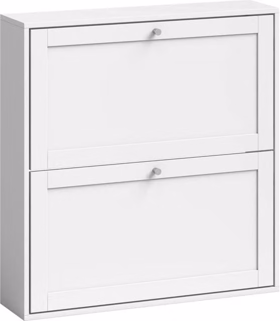 Scarpiera moderna in legno bianco per ingresso con vani inclinabili e ripiani interni, L: 80 cm, P: 20 cm, H: 84 cm