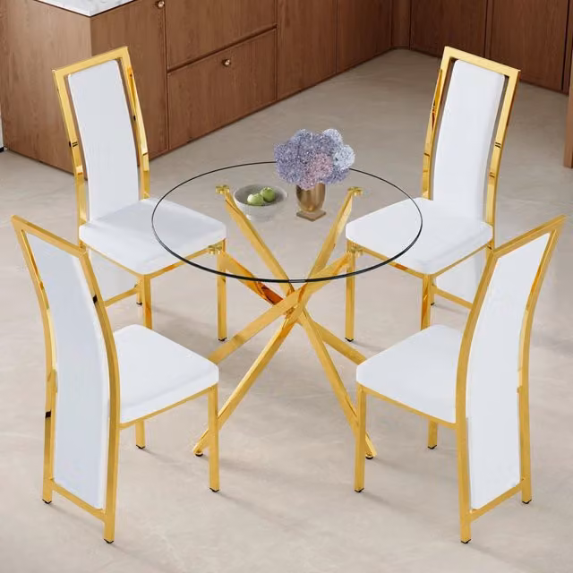 Set tavolo da pranzo rotondo in vetro temperato con 4 sedie in PU bianco e oro
