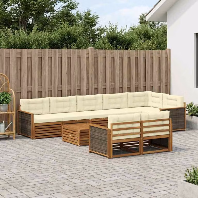 Set di divani da esterno vidaXL 9 pz in legno di acacia marrone e beige con cuscini inclusi e design a L moderno