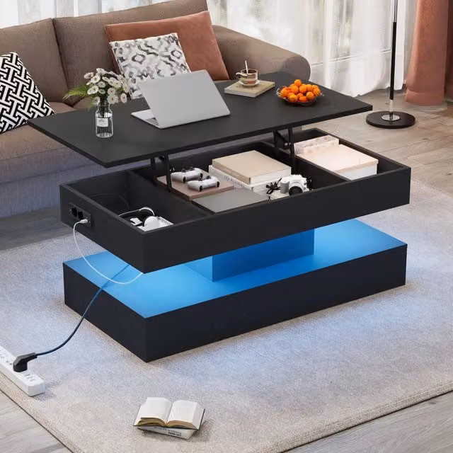 Tavolino da Salotto Moderno con Illuminazione LED e Vano Portaoggetti Nascosto, Tavolo Laterale con Sollevamento Idraulico, 100x50x42 cm, Portata 50 kg