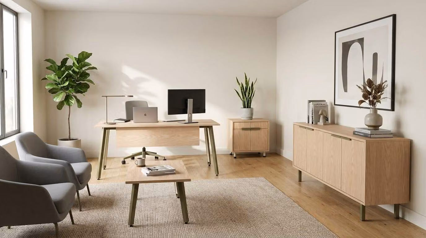 Set di arredo per ufficio, composto da scrivania, mobile contenitore laterale e cassettiera, dal design moderno