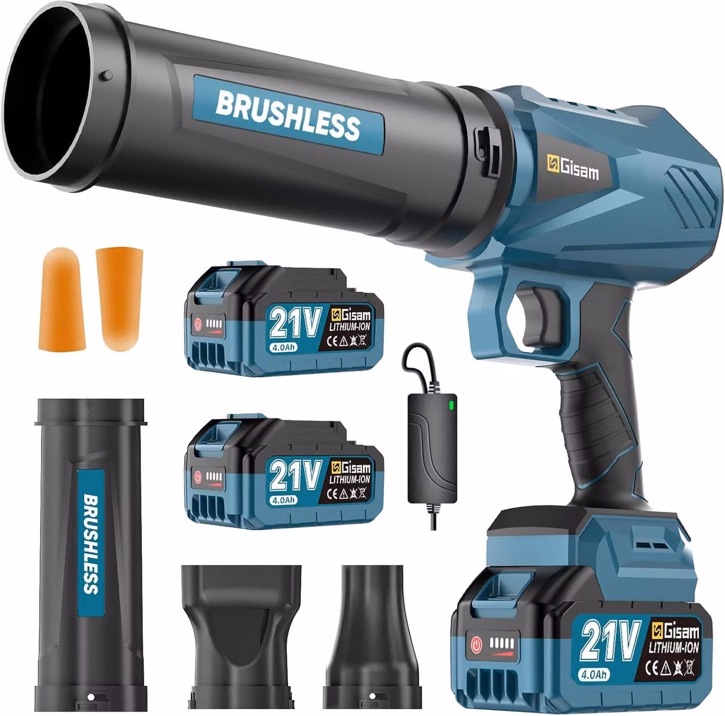 Accu-bladblazer, motore brushless con 2 batterie da 4,0 Ah, soffiante a batteria, portata d'aria di 800 m³/h, trasmissione a velocità regolabile in continuo, 3 ugelli, 0,82 k
