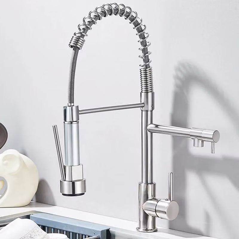 Rubinetto da cucina - Rubinetto estraibile a molla - Doppio beccuccio orientabile a 360° - Doccetta estraibile - Acqua calda/fredda - Monocomando, monoforo - Nichel spazzolato