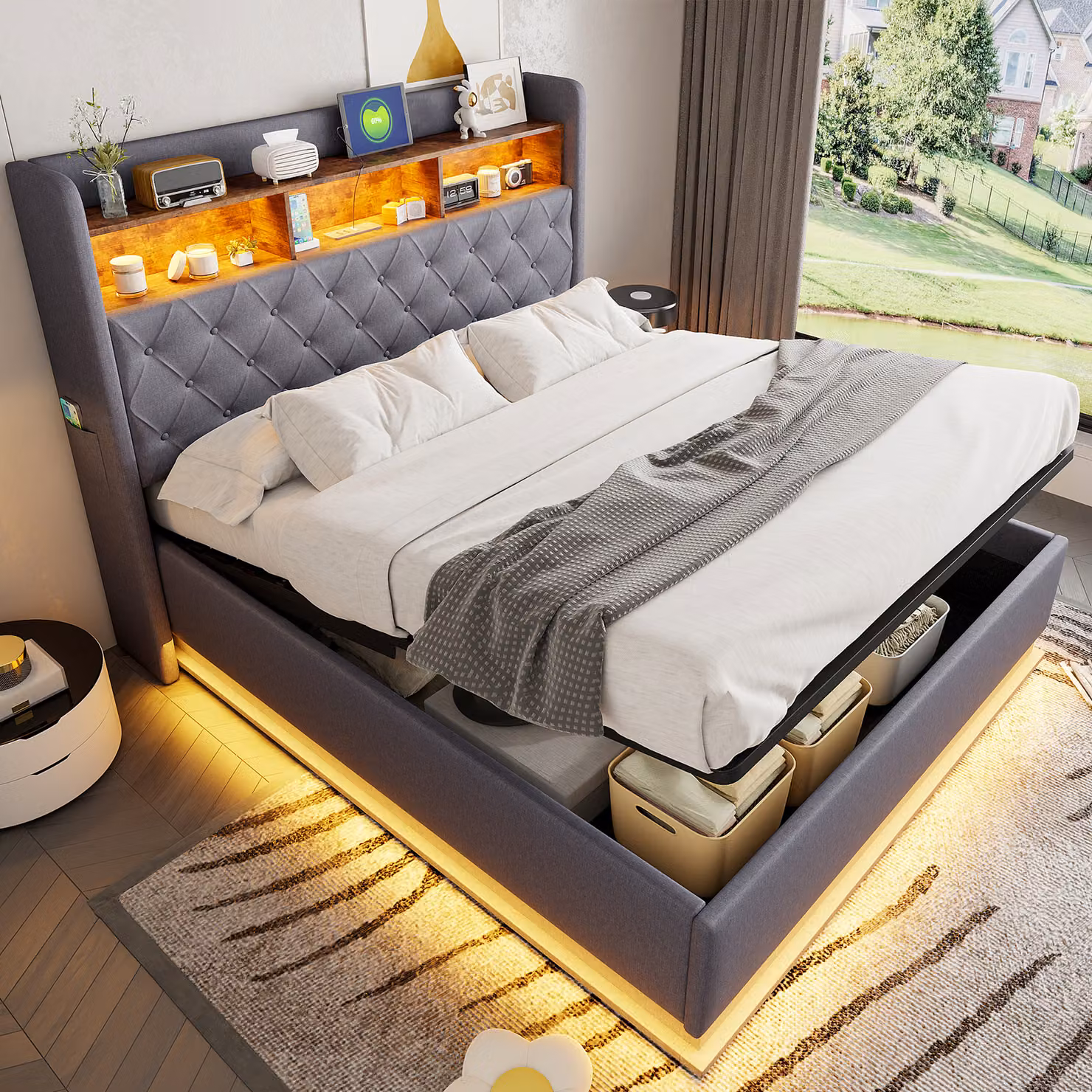 Letto imbottito MODFU LED 160 x 200 cm, letto per ragazzi, letto contenitore imbottito con connessione di ricarica USB e spazio di archiviazione idraulico, tessuto di lino delicato sulla pelle, con materasso, grigio