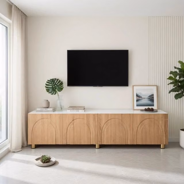 Mobile TV moderno KOMHTOM in MDF e legno, colore bianco e naturale, L: 180 cm, P: 40 cm, H: 35 cm – 1
