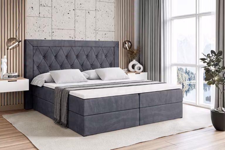 Letto boxspring ALTDECOR con materasso (altezza 20 cm) e topper (altezza 4 cm), letto imbottito con testiera e contenitore - NOEL - 140x200 - H4 / Velluto grigio scuro