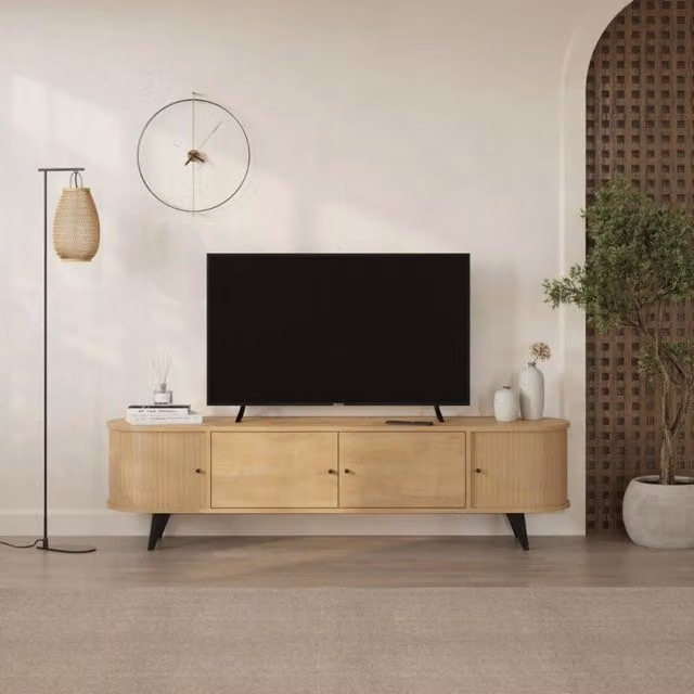 Mobile porta tv Gentle con 2 ante battenti e 2 ante scorrevoli con listelli verticali colore rovere