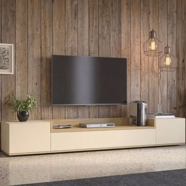 Mobile porta TV Oxanna DMORA con 3 ripiani, design moderno Made in Italy, Bianco Cashmere L/P/H: 200 x 35 x 30 cm