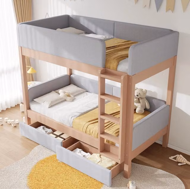Letto a castello ULEVR 90x200 cm con scala a 4 gradini, 2 cassetti e protezione anticaduta, grigio e naturale