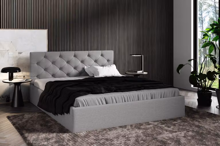 Letto imbottito 160x200 cm, grigio, con contenitore, rivestito in tessuto, struttura in metallo con rete a listelli, trapuntatura