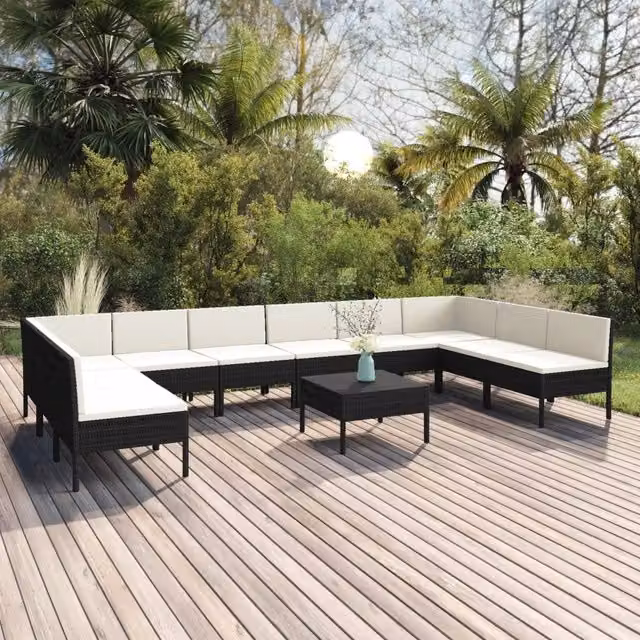 Set di Divani da Giardino Moderno vidaXL in Polyrattan Nero con Cuscini e Tavolino da Caffè, 11 Pezzi