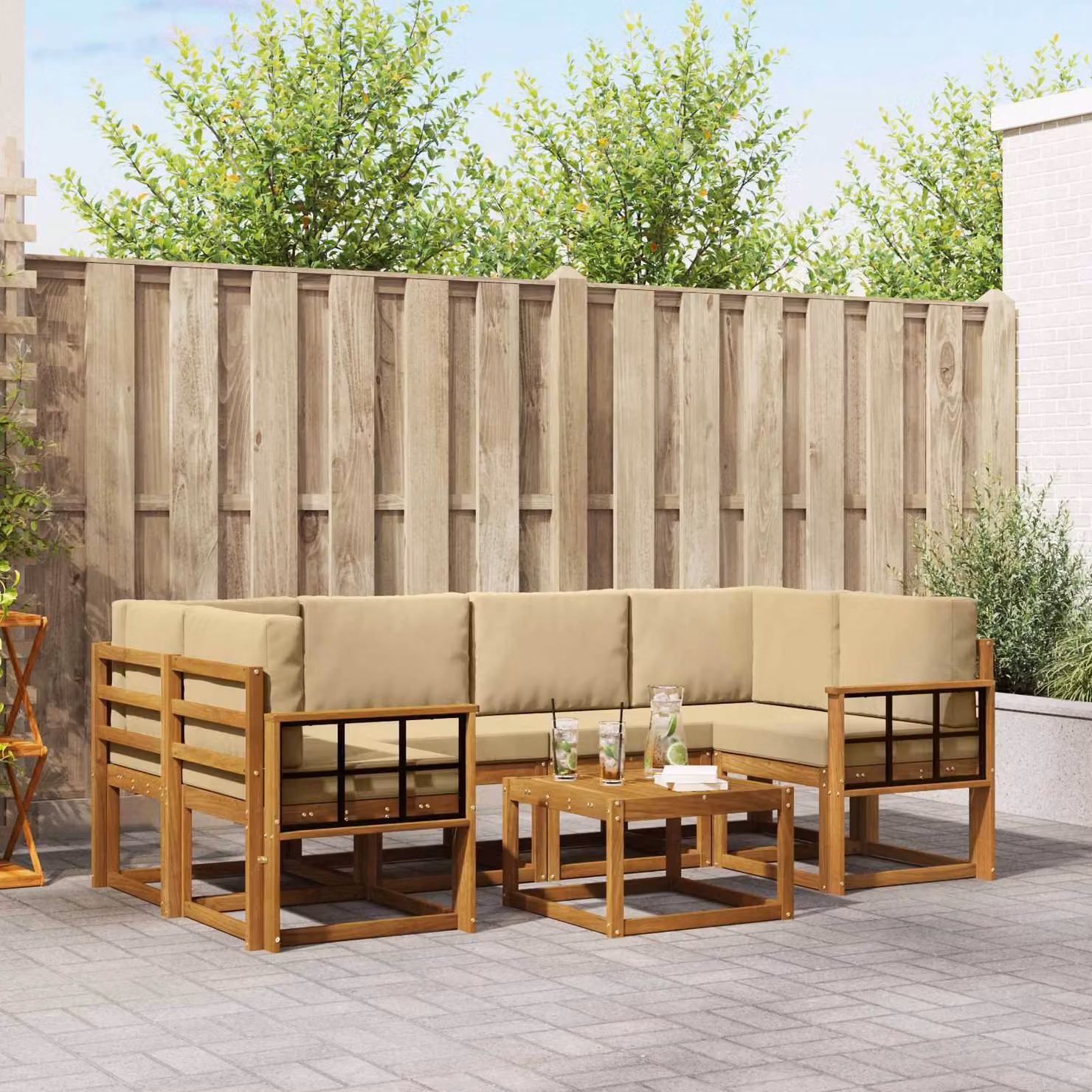 Set di divani da esterno vidaXL 7 pz in legno di acacia con cuscini beige e marrone per giardino e terrazza