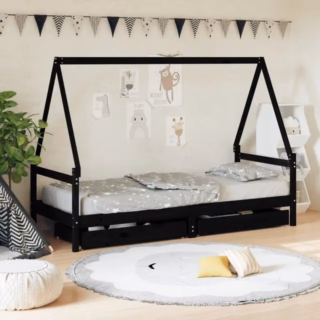 Letto a casetta per bambini vidaXL in legno massello di pino con cassetti nero L 200 cm x P 90 cm x H 143 cm – 1