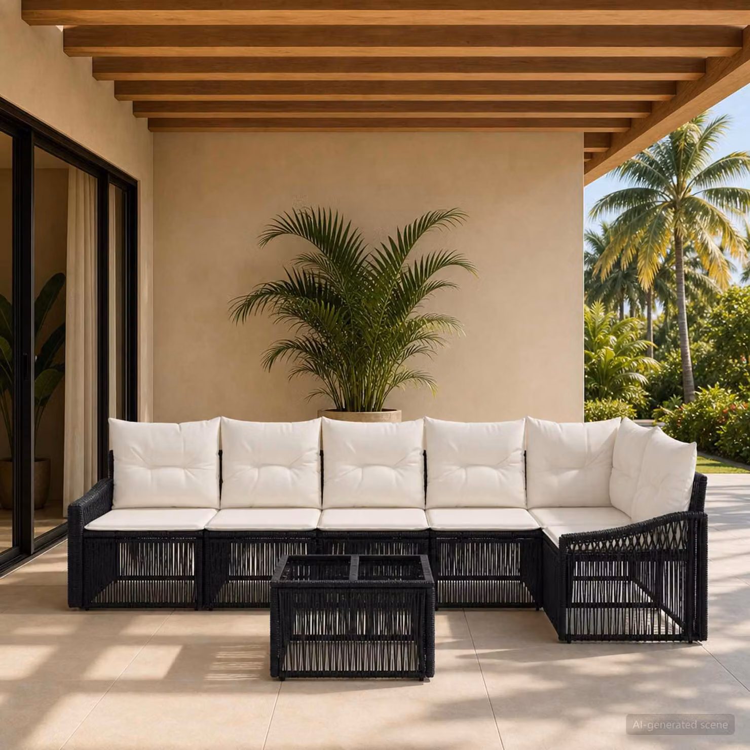 Set Divano da Giardino vidaXL 7 Pezzi L-Shape Nero con Cuscini e Tavolino in Polyrattan e Metallo